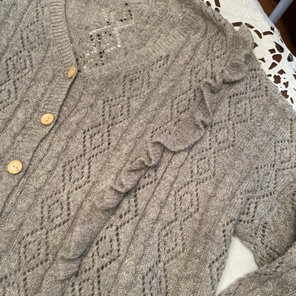 Greyish Taupe Knit Sweater With Ruffles & Wood Buttons - Picture 4 of 11